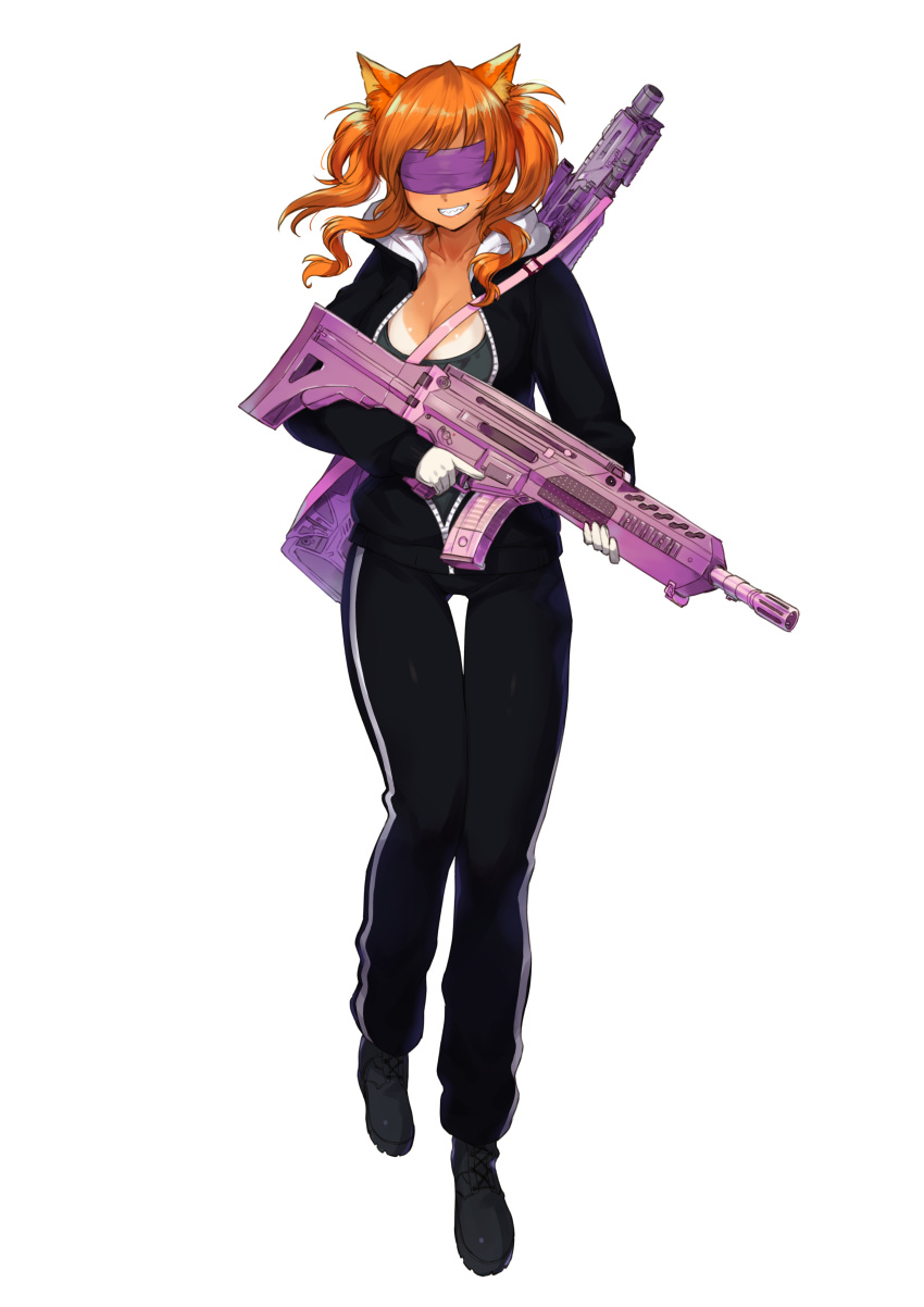 absurdres, animal_ears, blindfold, breasts, cat_ears, crossover_nexus_project, crossover_nexus_series, dark_skin, full_body, fx-05_xiuhcoatl, gloves, gun, highres, isekai_monogatari_series, jacket, large_breasts, long_sleeves, lower_teeth, mp-155, rifle, sahara1127, shotgun, sling, tan, teeth, track_jacket, trigger_discipline, upper_teeth, weapon, weapon_on_back