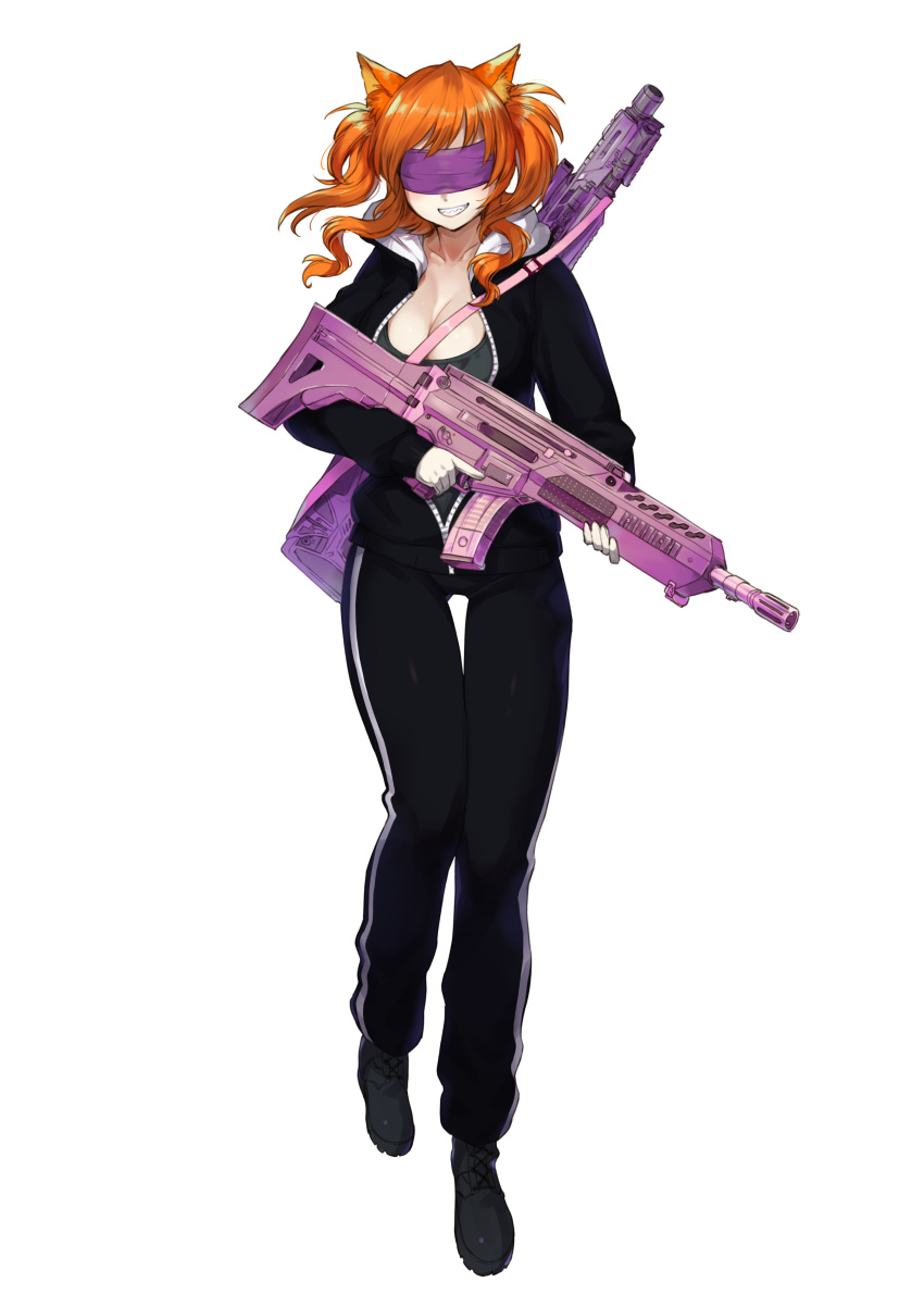 absurdres, animal_ears, blindfold, breasts, cat_ears, crossover_nexus_project, crossover_nexus_series, full_body, fx-05_xiuhcoatl, gloves, gun, highres, isekai_monogatari_series, jacket, large_breasts, long_sleeves, lower_teeth, mp-155, rifle, sahara1127, shotgun, sling, teeth, track_jacket, trigger_discipline, upper_teeth, weapon, weapon_on_back
