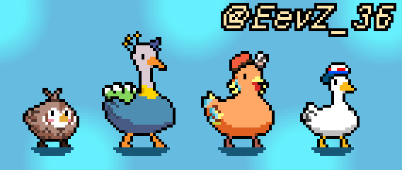 animated, animated_gif, artist_name, backwards_hat, baseball_cap, beret, bird, blue_background, chef_hat, duck, eevz, hat, holobirds, hololive, hololive_english, hololive_indonesia, multiple_hats, nanashi_mumei, nanashi_mumei_(owl), no_humans, oozora_subaru, owl, pavolia_reine, pavolia_reine_(peahen), peahen, phoenix, pixel_art, red_headwear, subaru_duck, takanashi_kiara, takanashi_kiara_(phoenix), virtual_youtuber, walking, white_headwear