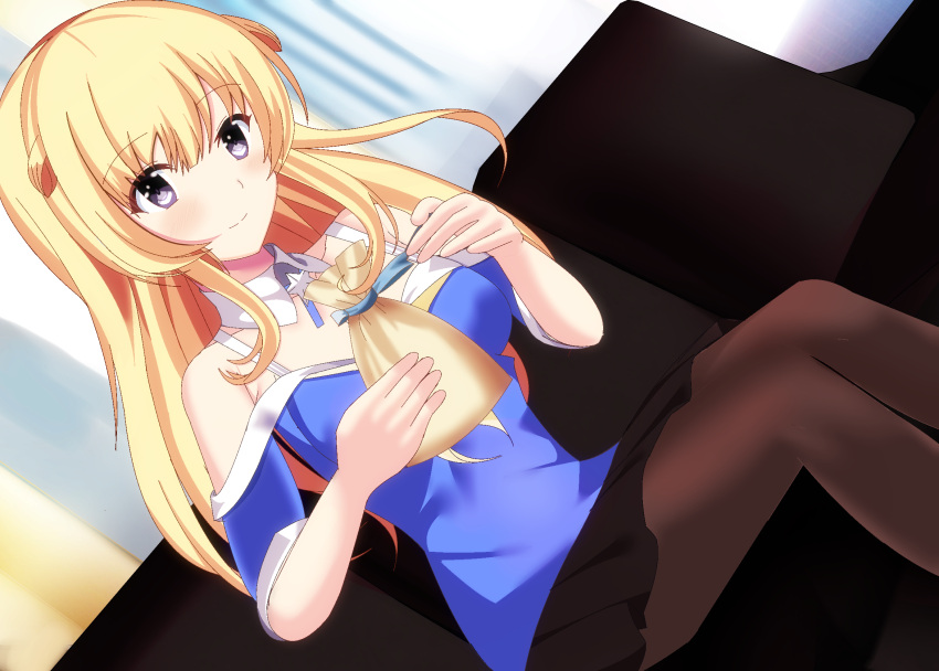 alternate_legwear, bag, black_legwear, black_skirt, blonde_hair, blue_shirt, breasts, couch