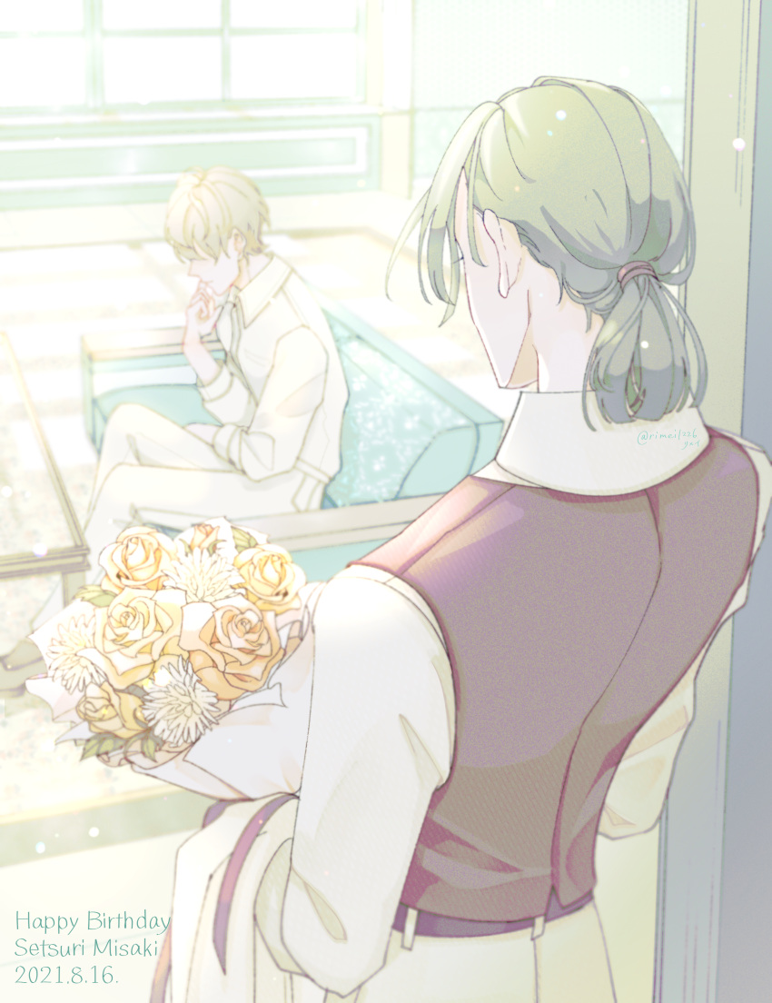 2boys, absurdres, birthday, blonde_hair, bouquet, couch, dated, english_text