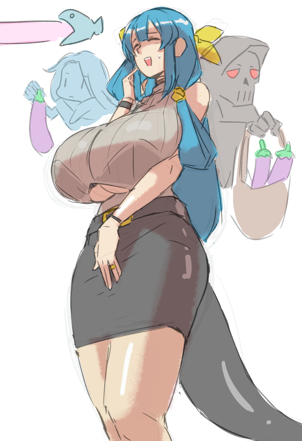 1girl, alternate_breast_size, bag, belt, black_skirt, black_tail, blue_hair, bralines
