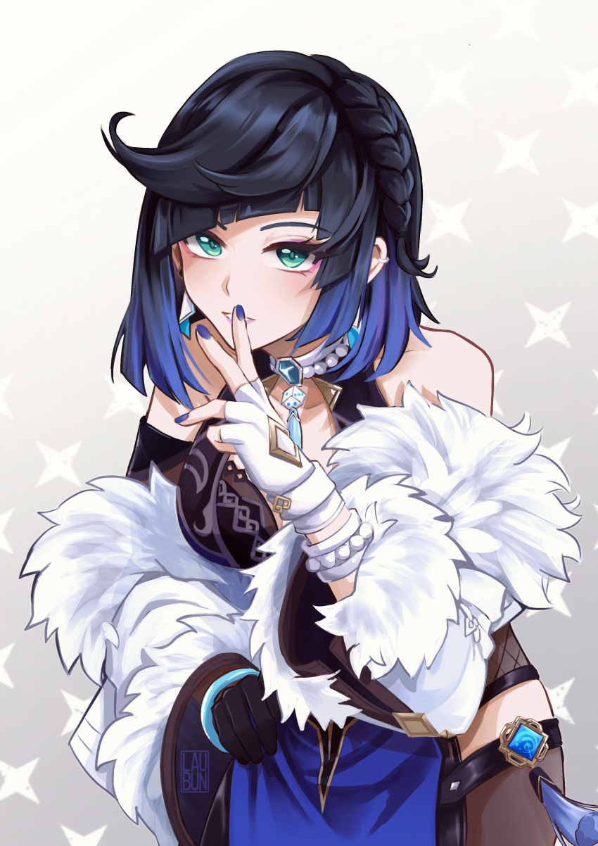 1girl, absurdres, artist_name, asymmetrical_bangs, bangs, bare_shoulders, black_gloves, black_hair, black_leotard, blue_hair, blue_nails, bracelet, clothes_around_waist, collarbone, dice, ear_piercing, earrings, eyebrows, eyebrows_behind_hair, eyelashes, fur-trimmed_jacket, fur_trim, genshin_impact, gloves, green_eyes, hand_up, highres, jacket, jacket_around_waist, jewelry, laubun, leaning_forward, leotard, lips, looking_at_viewer, multicolored_hair, nail_polish, necklace, piercing, purple_lips, simple_background, solo, star_(symbol), teeth, vision_(genshin_impact), white_gloves, white_jacket, yelan_(genshin_impact)