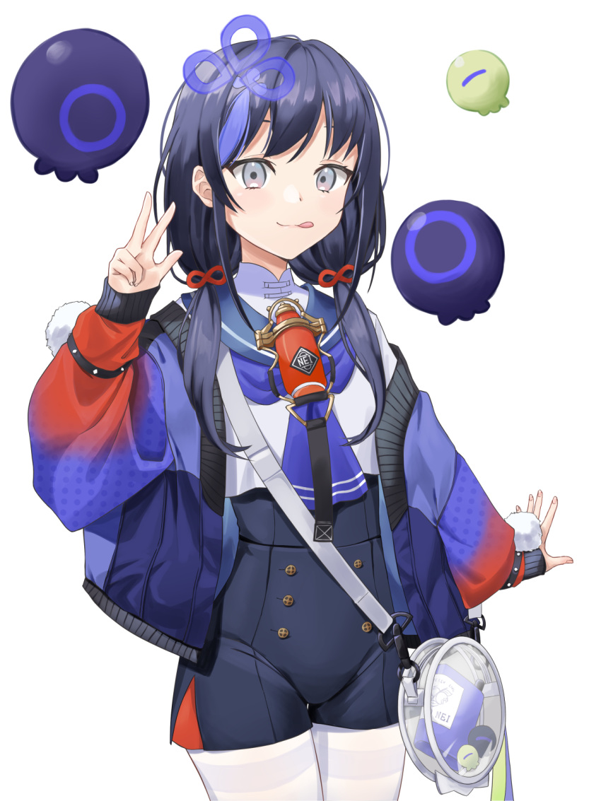 1girl, bag, bangs, black_hair, black_shorts, blue_hair, blue_jacket, blue_neckerchief