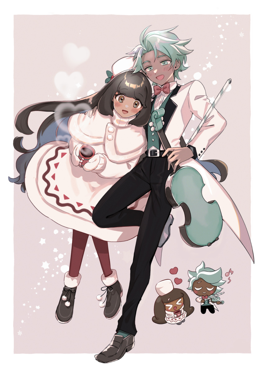 0x0_srnk, 1boy, 1girl, :d, bangs, belt, boots, bow