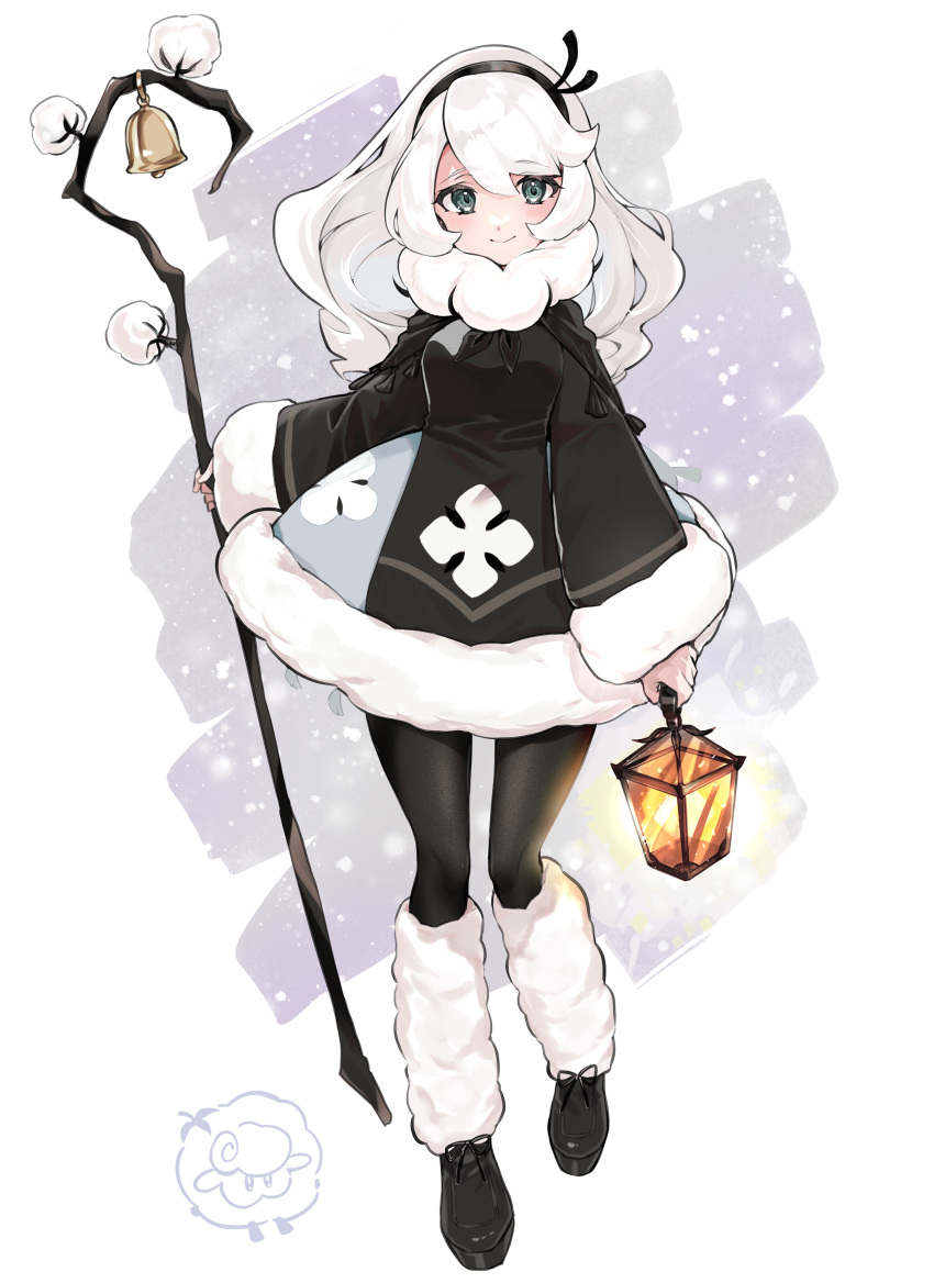 0x0_srnk, 1girl, absurdres, bangs, bell, blush, closed_mouth, cookie_run, cotton_cookie, dress, fur_trim, green_eyes, headband, highres, holding, holding_lantern, holding_staff, lantern, leg_warmers, long_hair, looking_to_the_side, pantyhose, parted_bangs, shawl, sheep, shoes, smile, snow, solo, spade_(shape), staff, white_hair