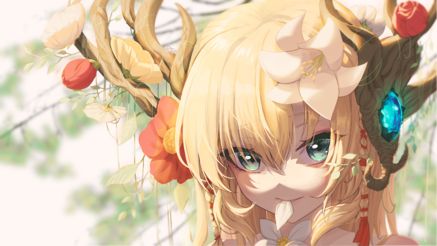 1girl, absurdres, antlers, artist_name, bangs, blonde_hair, blurry, blurry_background