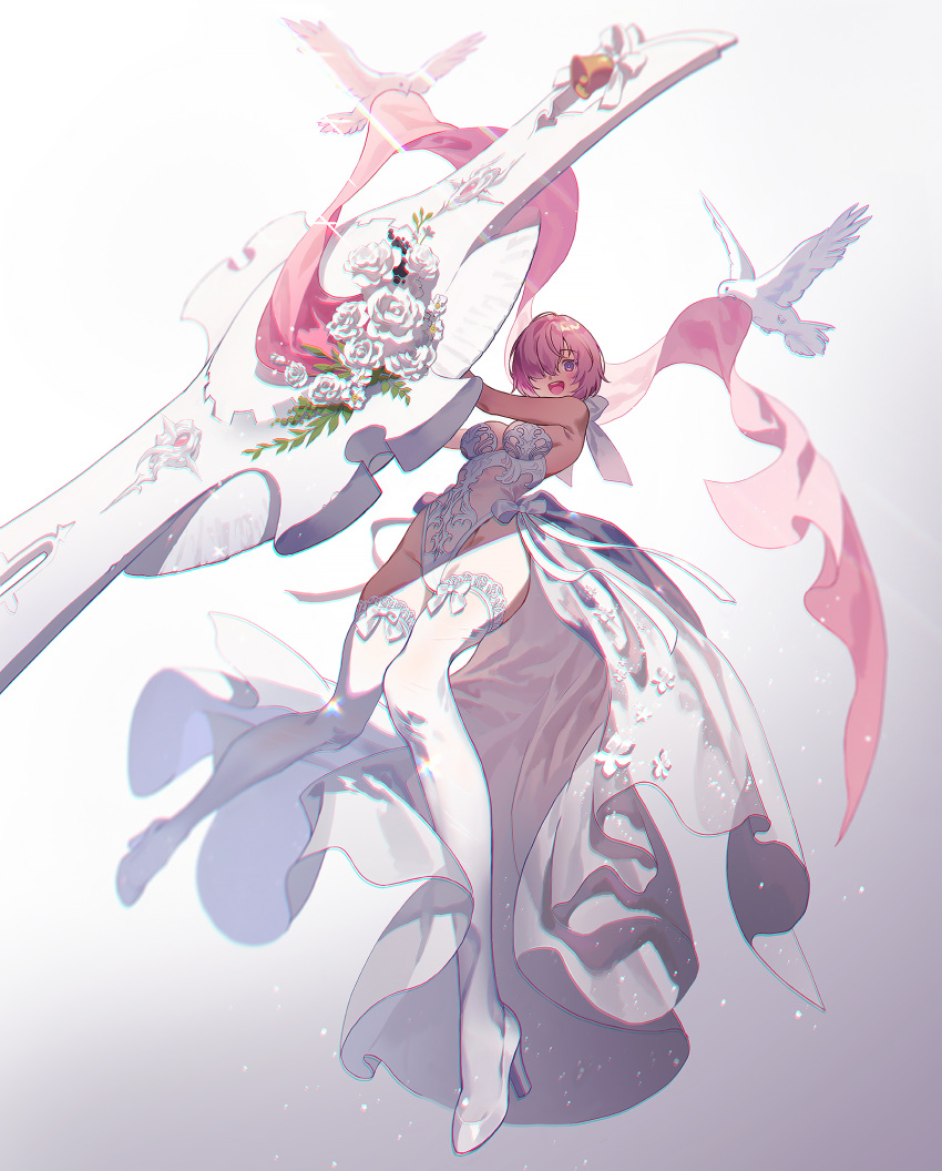 1girl, alternate_costume, bell, bird, boots, breasts, chromatic_aberration, dove, dress, duplicate, fajyobore, fate/grand_order, fate_(series), flower, groin, hair_over_one_eye, highres, leotard, lord_camelot_(fate), mash_kyrielight, medium_breasts, open_mouth, pixel-perfect_duplicate, purple_hair, shield, short_hair, solo, thigh-highs, thigh_boots, thighs, wedding, wedding_dress, white_flower