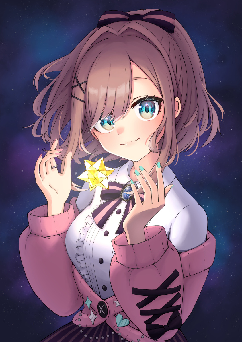 1girl, absurdres, aqua_eyes, aqua_nails, bow, bowtie, breasts, brooch, brown_hair, cardigan, center_frills, commentary_request, frills, hair_bow, hair_ornament, highres, jewelry, long_sleeves, looking_at_viewer, nail_polish, nijisanji, pink_cardigan, pink_nails, ponytail, regimiruku, ring, shirt, skirt, solo, suzuhara_lulu, upper_body, virtual_youtuber, white_shirt, x_hair_ornament
