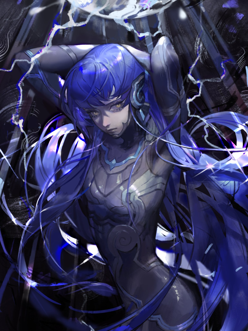 1boy, androgynous, armor, asymmetrical_hair, bangs, blue_eyes, bodysuit, electricity