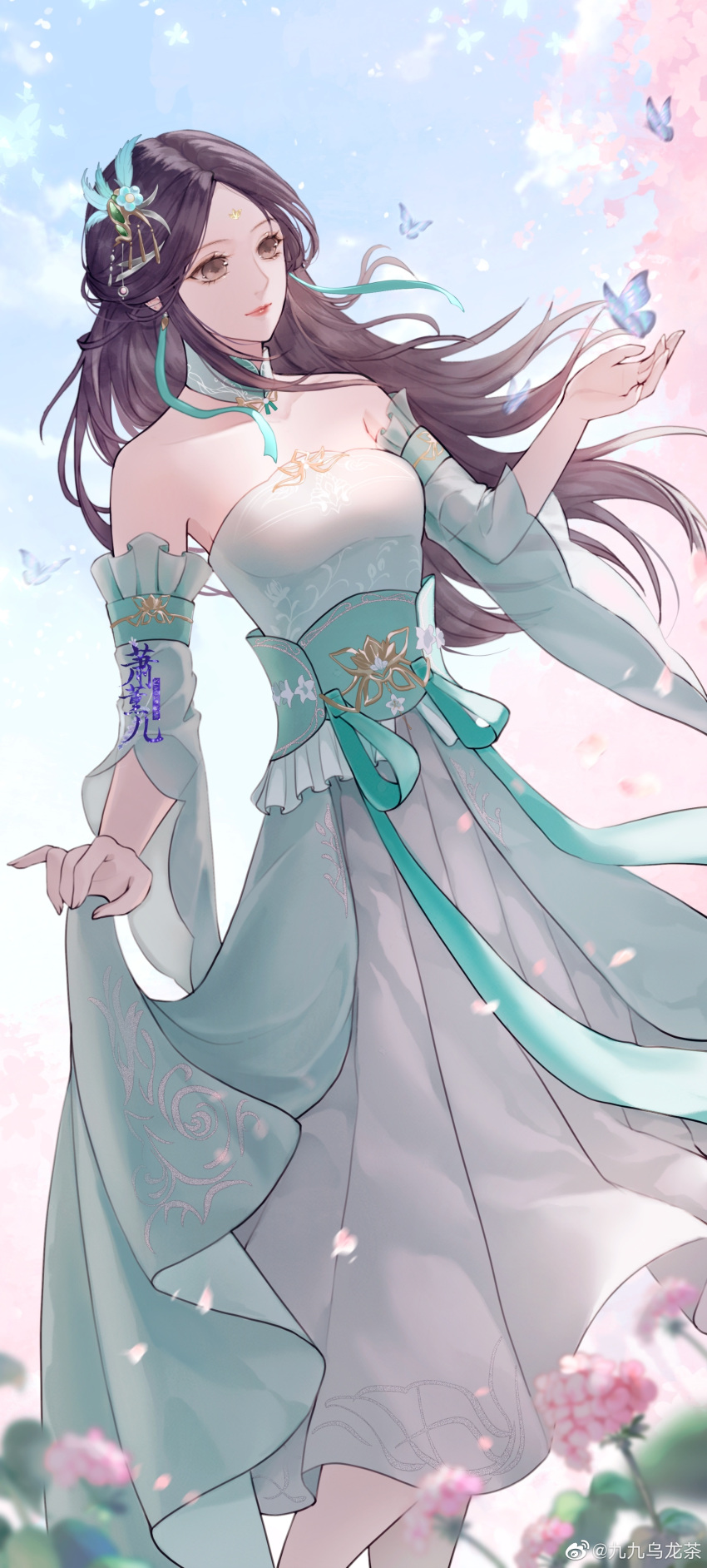 1girl, absurdres, blue_sky, bug, butterfly, cherry_blossoms, doupo_cangqiong, dress, facial_mark, forehead_mark, green_dress, gu_xun_er_(doupo_cangqiong), highres, holding, holding_clothes, holding_skirt, jiu_jiu_wulongcha, long_hair, looking_to_the_side, sash, shirt, skirt, sky, smile, solo, upper_body, white_shirt