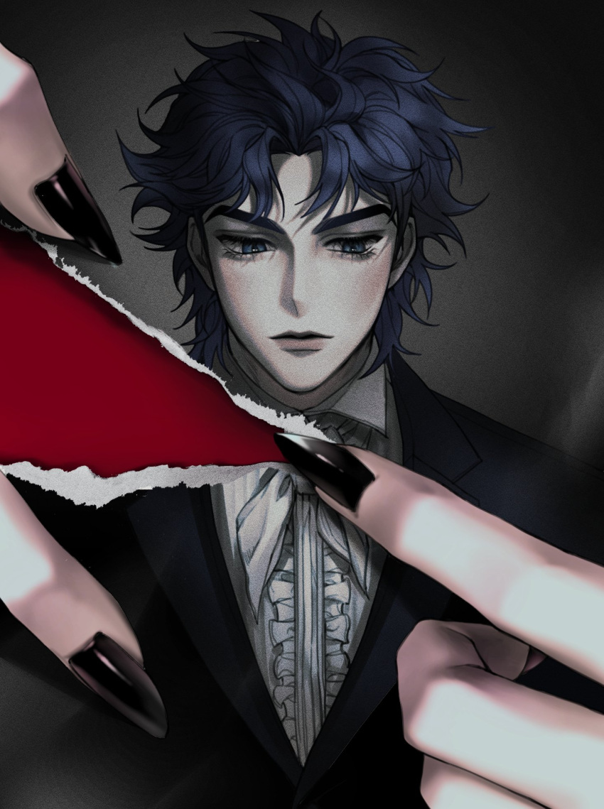 1boy, black_nails, blue_eyes, blue_hair, claws, close-up, dio_brando, fingernails, formal, hand_focus, highres, jojo_no_kimyou_na_bouken, jonathan_joestar, phantom_blood, photo_(object), ranch_jjba, sharp_fingernails, suit