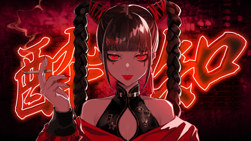 1girl, bangs, bare_shoulders, black_hair, blunt_bangs, braid, breasts, cigarette