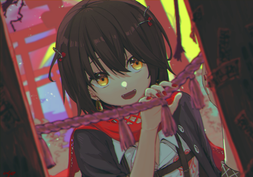 1boy, :d, bangs, black_hair, black_jacket, copyright_request, dutch_angle, eyebrows_behind_hair