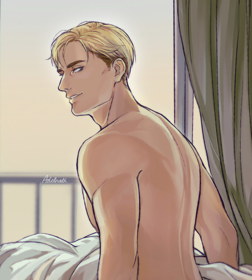 1boy, adelnath, artist_name, blanket, blonde_hair, blue_eyes, curtains, erwin_smith