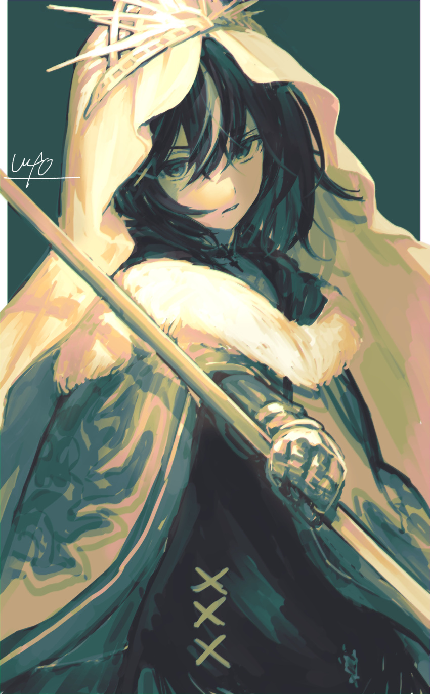 1girl, aqua_background, bangs, black_dress, black_hair, cloak, copyright_request, dress