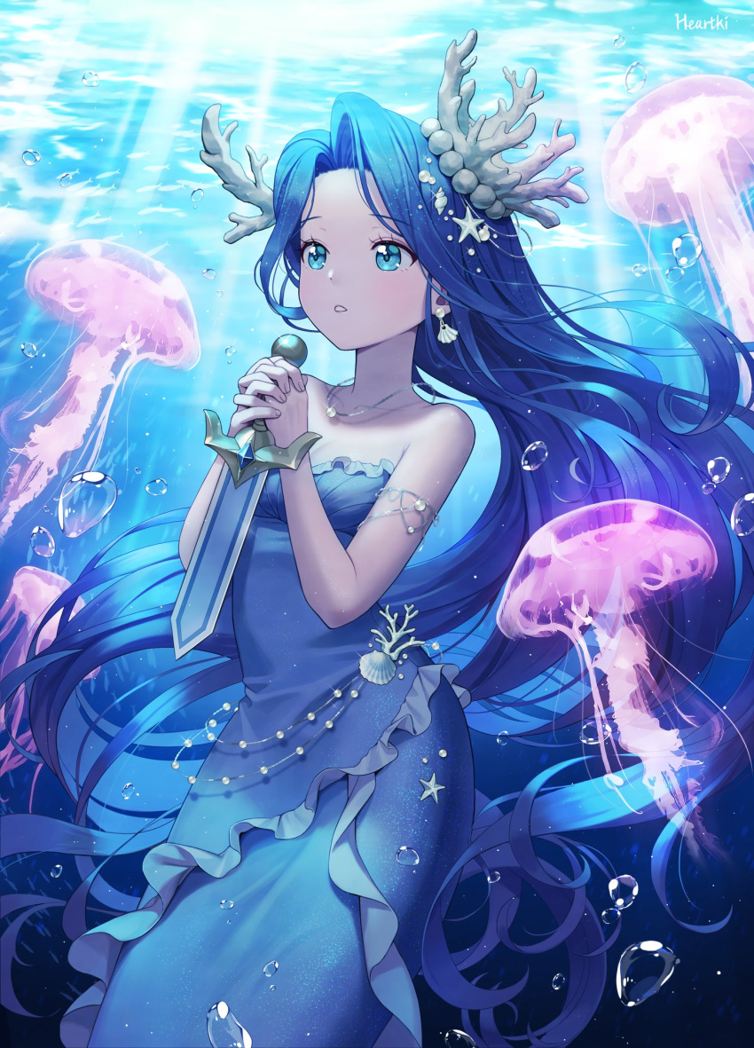 1girl, :o, air_bubble, armlet, bangs, bare_arms, blue_eyes, blue_hair
