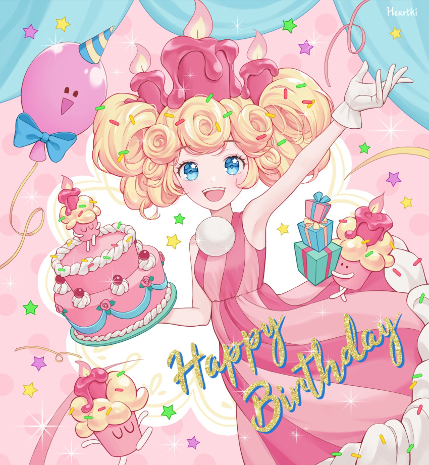1girl, :d, artist_name, balloon, bare_arms, birthday_cake, birthday_cake_cookie, blonde_hair