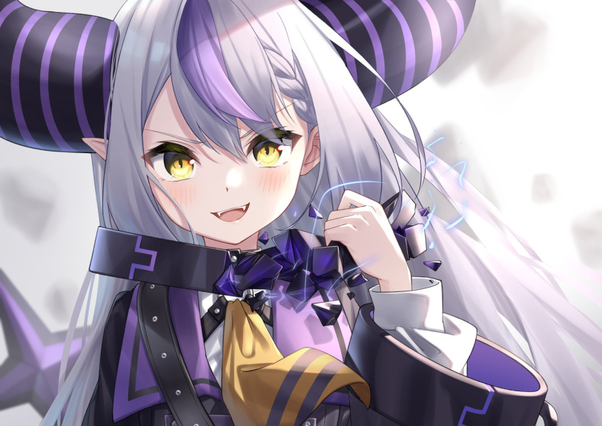 >:), 1girl, :d, ahoge, ascot, bangs, black_coat, black_collar