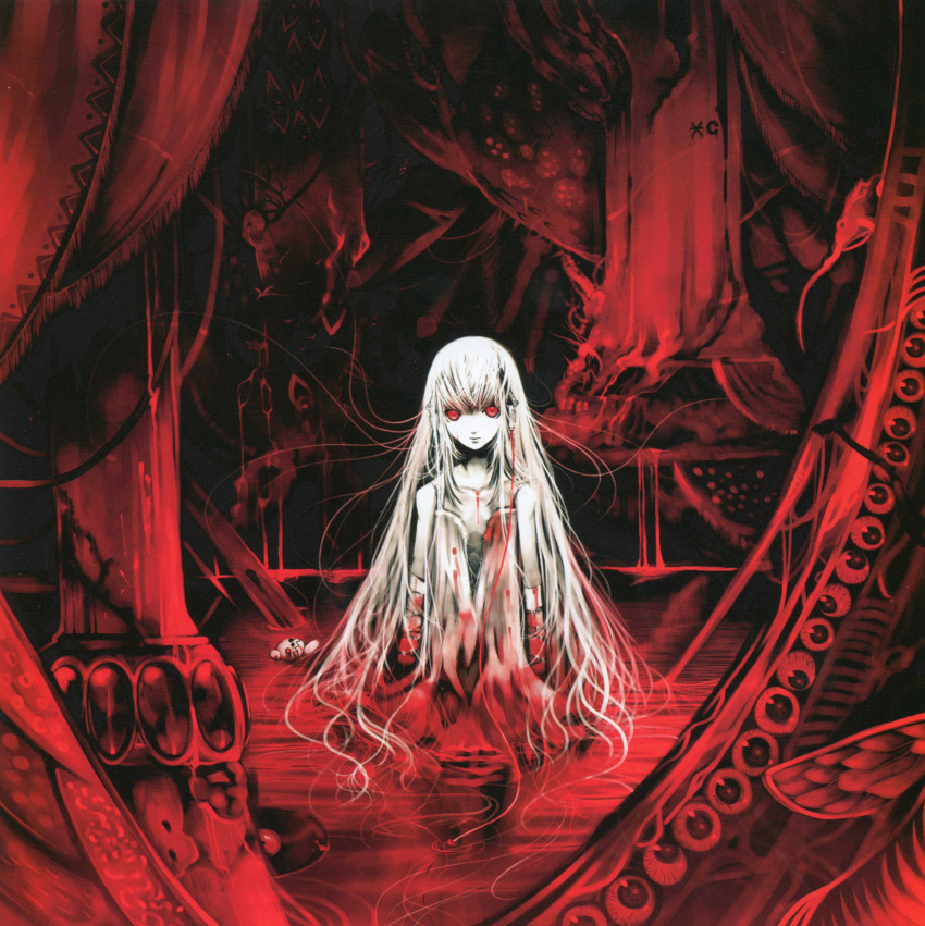 blood, character_request, creepy, curtain, female, kei_(artist), pillar, red_eyes, very_long_hair, white_hair