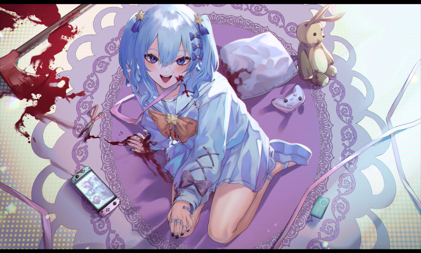 1girl, :d, absurdres, bandaid, bandaid_on_hand, bangs, bare_legs, blood