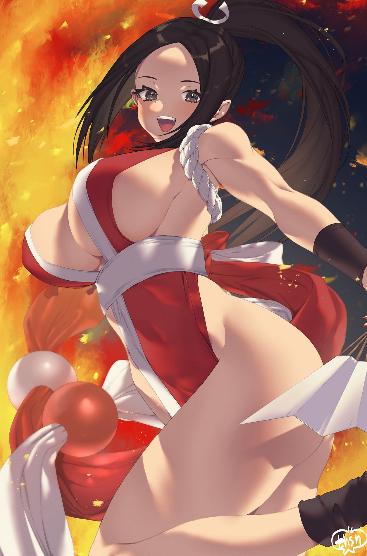 1girl, breasts, brown_eyes, brown_hair, fatal_fury, folding_fan, hand_fan, high_ponytail, highres, japanese_clothes, large_breasts, long_hair, looking_at_viewer, murata_tefu, open_mouth, pelvic_curtain, ponytail, revealing_clothes, shiranui_mai, sideboob, smile, solo, the_king_of_fighters