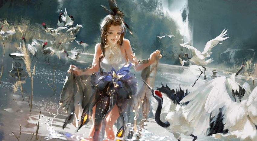 1girl, absurdres, bare_arms, bird, black_skirt, brown_hair, character_request, ching_nu_yu_hun