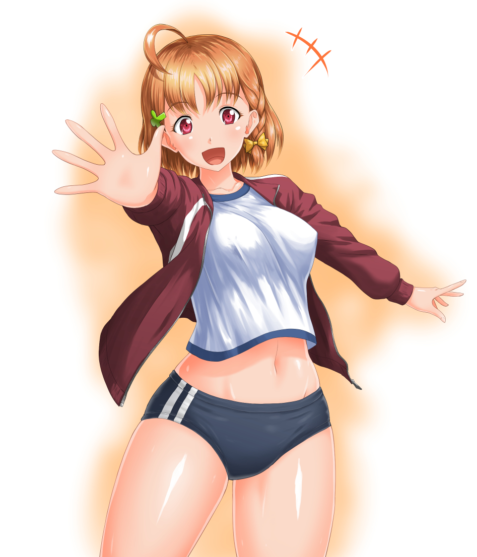 1girl, :d, ahoge, belly, bow, braid, breasts, buruma
