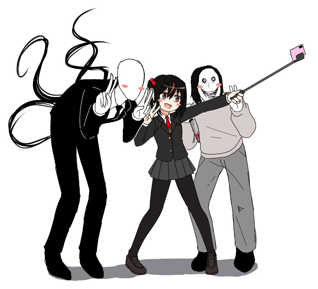 1girl, 2boys, :d, black_footwear, black_hair, black_jacket, black_legwear, black_necktie