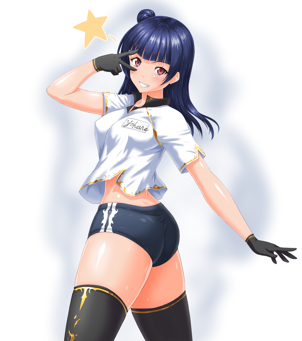 1girl, ass, bangs, black_gloves, black_legwear, blue_hair, blunt_bangs, breasts