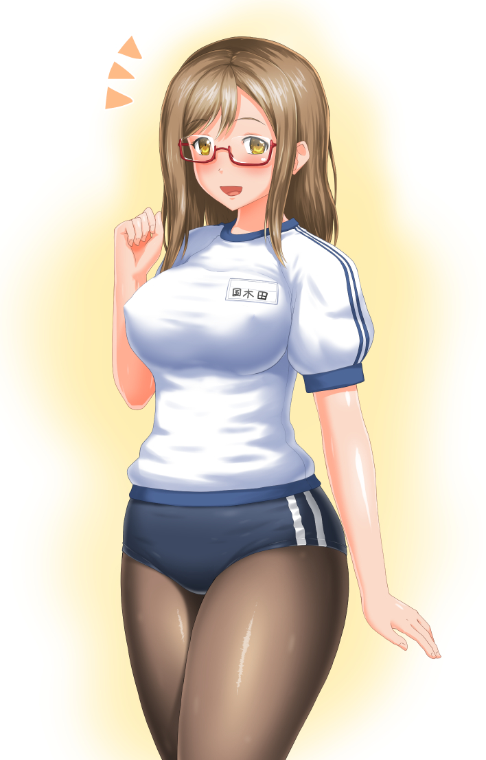 1girl, :d, arm_at_side, breasts, brown_hair, brown_legwear, buruma, character_name, cocoa_(cocoa0191), commentary, covered_nipples, cowboy_shot, curled_fingers, eyebrows_visible_through_hair, glasses, gym_shirt, gym_uniform, hand_up, kunikida_hanamaru, large_breasts, looking_at_viewer, love_live!, love_live!_sunshine!!, medium_hair, name_tag, notice_lines, pantyhose, semi-rimless_eyewear, shirt, short_sleeves, sidelocks, smile, solo, under-rim_eyewear, white_shirt, yellow_background, yellow_eyes