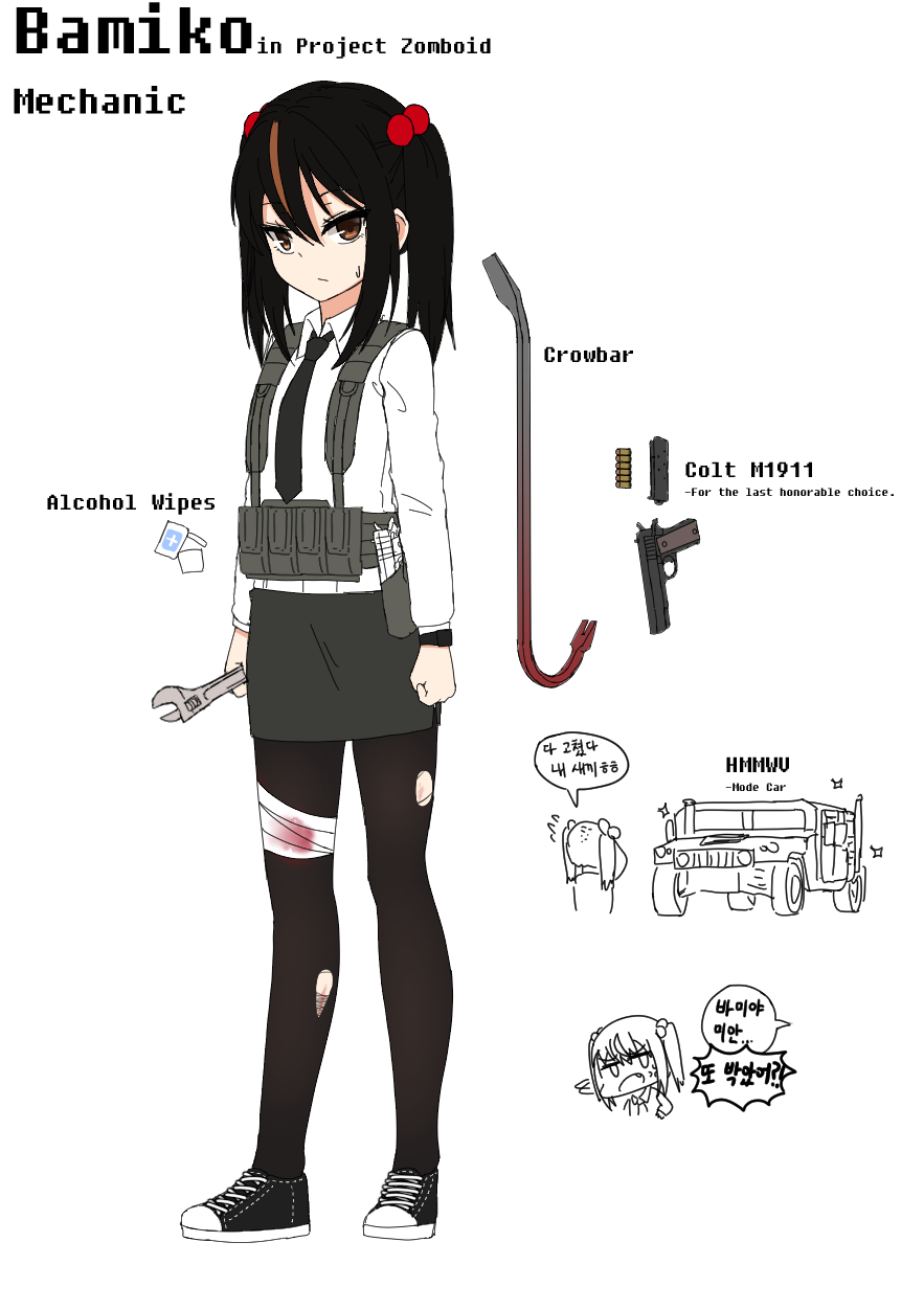 1girl, bandaged_leg, bandages, bangs, black_footwear, black_hair, black_legwear, black_necktie