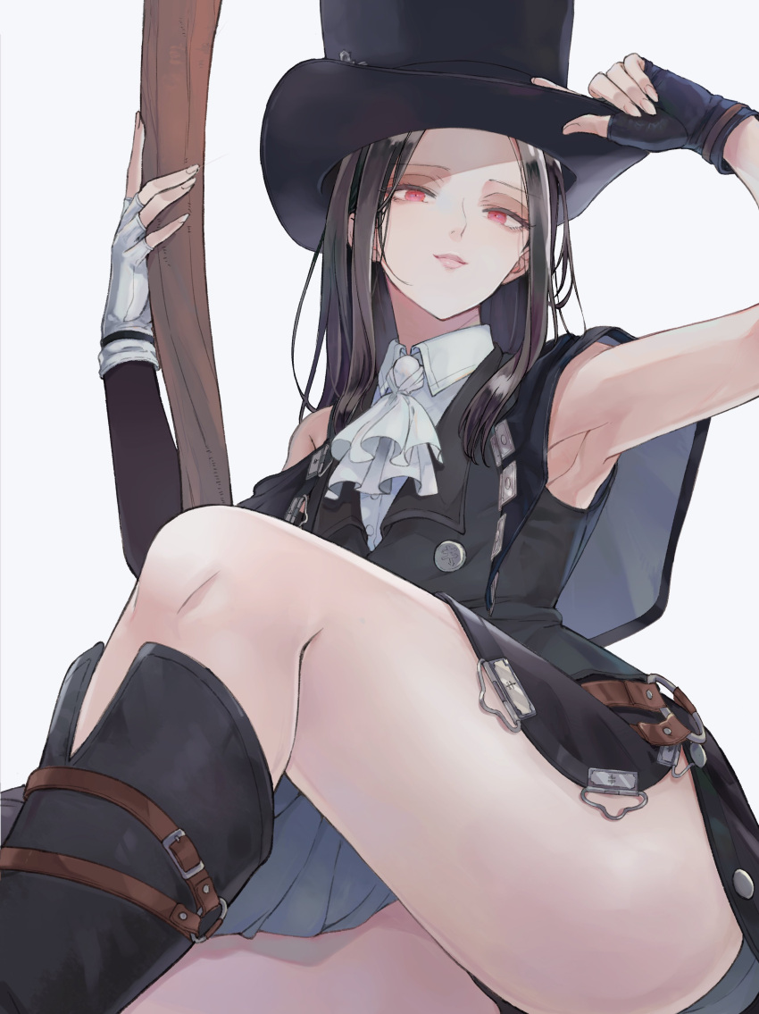 02twwo, 1other, absurdres, androgynous, ascot, asymmetrical_sleeves, black_hair, boots, buttons, fingerless_gloves, gloves, guilty_gear, guilty_gear_strive, hat, highres, legs, long_hair, looking_at_viewer, red_eyes, straight_hair, testament_(guilty_gear), thighs, top_hat