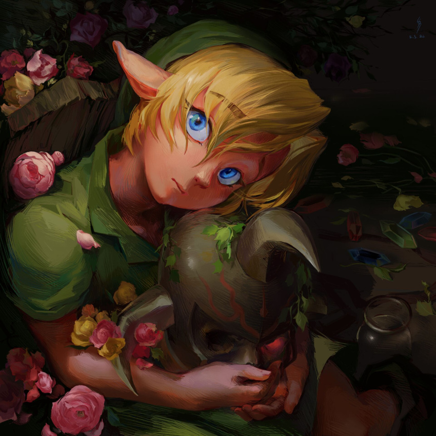 1boy, bangs, blonde_hair, blue_eyes, brown_footwear, celiahoodcat, chair, closed_mouth, commentary, cup, dark, drinking_glass, dutch_angle, elf, english_commentary, eyebrows_visible_through_hair, flower, from_above, gem, helmet, highres, holding, holding_helmet, horns, horns_through_headwear, jewelry, jug, link, liquid, looking_at_viewer, looking_up, male_focus, pointy_ears, rubble, shield, short_hair, sitting, solo, the_legend_of_zelda, the_legend_of_zelda:_ocarina_of_time