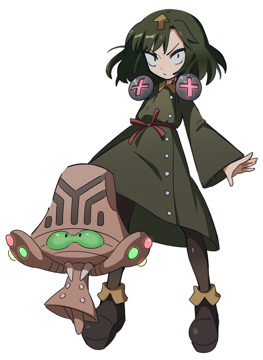 1girl, absurdres, arrow_(symbol), bbhdrrr, beheeyem, black_hair, black_legwear, black_shirt, buttons, crossover, delilah_(guilty_gear), full_body, guilty_gear, guilty_gear_strive, highres, long_sleeves, looking_at_viewer, pokemon, pokemon_(creature), shirt, short_hair, white_background