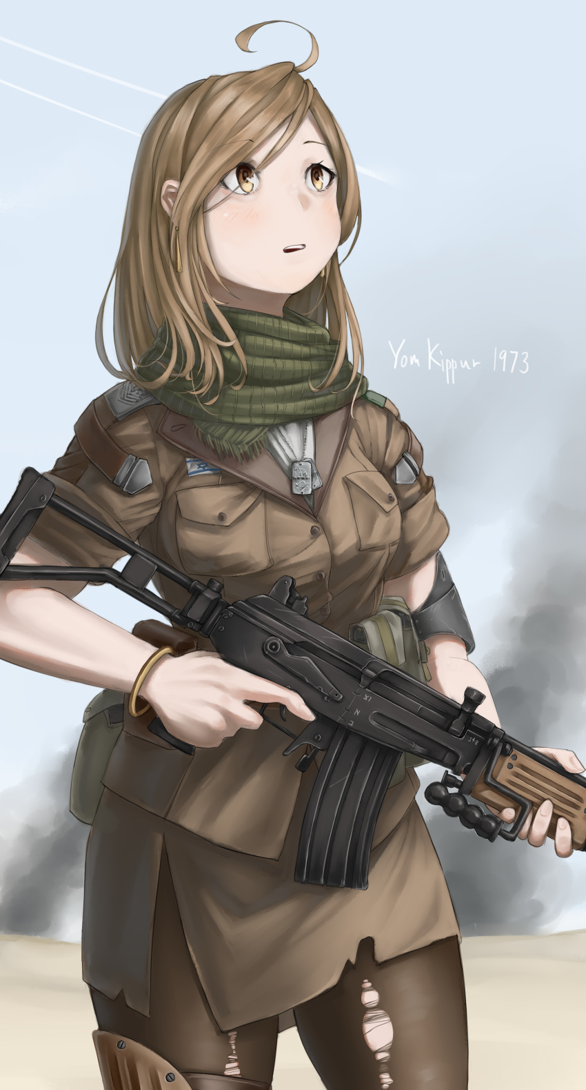 1girl, absurdres, assault_rifle, black_legwear, blonde_hair, bracelet, cowboy_shot, dog_tags
