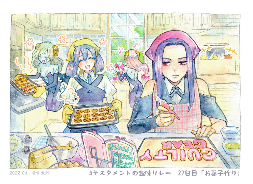 1other, 3girls, androgynous, black_hair, blue_hair, cookie, cooking, demon_girl
