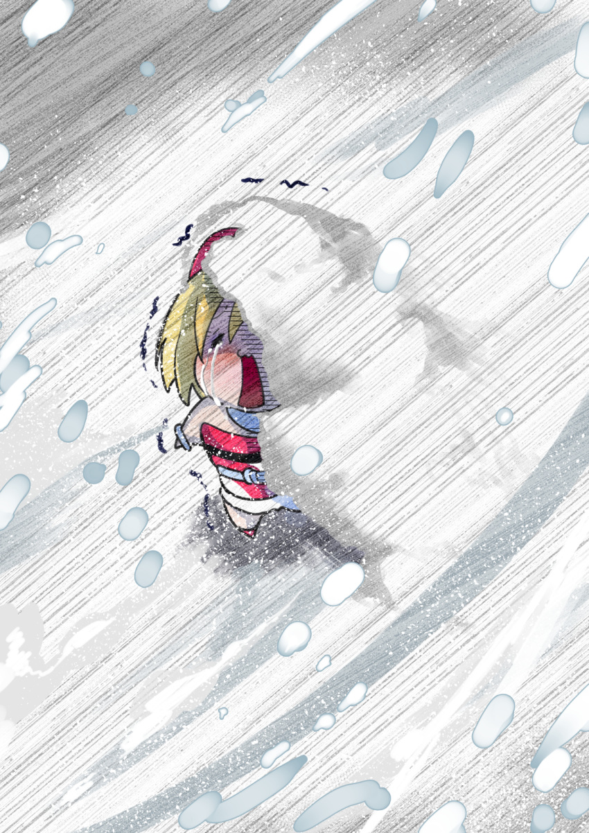 1girl, bangs, blonde_hair, bracelet, chibi, collar, commentary_request, crying