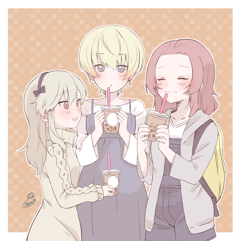 3girls, artist_name, backpack, bag, black_ribbon, blonde_hair, blue_dress, blue_eyes