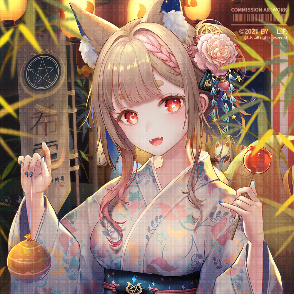 1girl, :d, animal_ears, blue_nails, brown_hair, candy_apple, fangs, flower