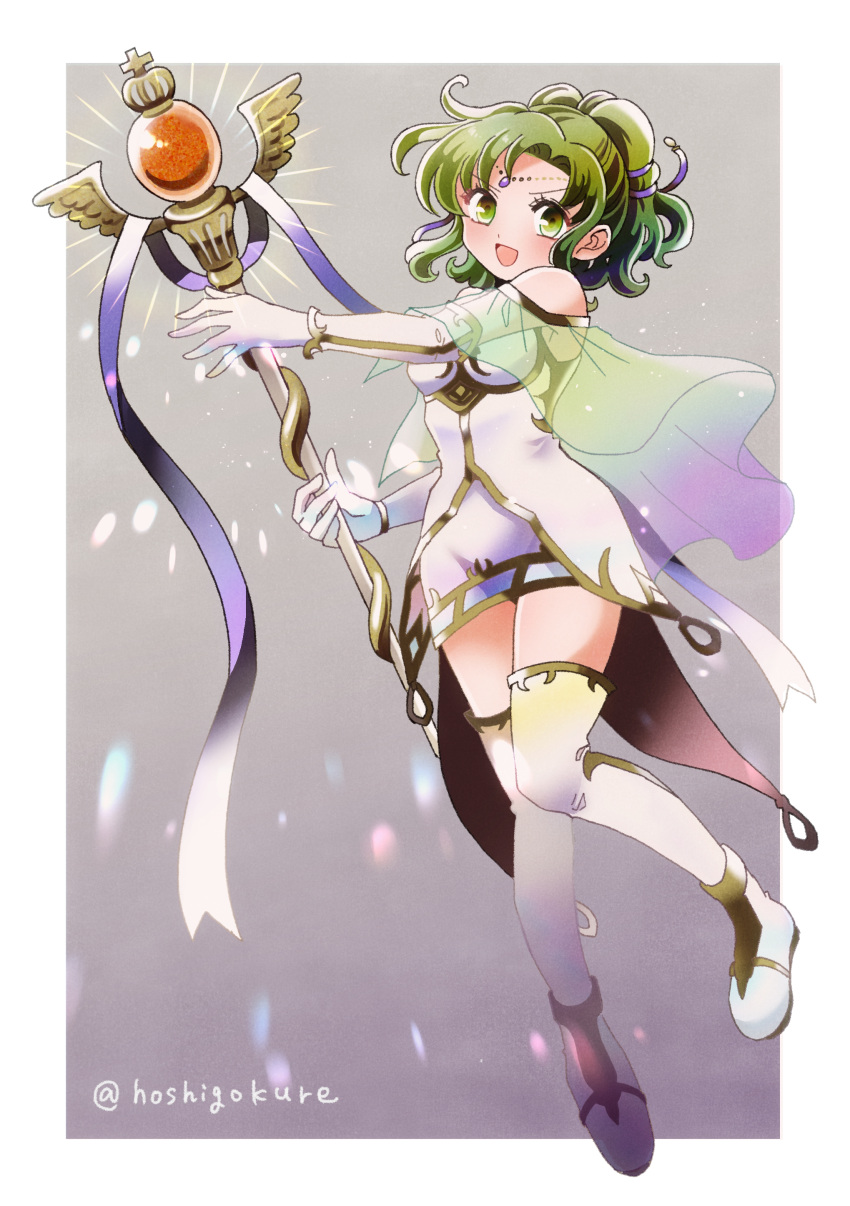 1girl, :d, absurdres, bare_shoulders, boots, dress, fire_emblem, fire_emblem:_the_sacred_stones, full_body, green_eyes, green_hair, highres, holding, holding_staff, hyogamazikichi, l'arachel_(fire_emblem), looking_at_viewer, open_mouth, sleeveless, sleeveless_dress, smile, solo, staff, thigh-highs, thigh_boots, twitter_username, veil, white_dress, white_footwear