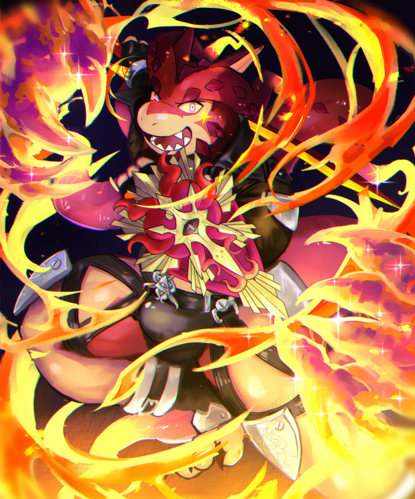 1boy, black_male_underwear, bulge, colored_sclera, cthugha_(housamo), fangs, fangs_out, feet_out_of_frame, fire, full_body, furry, furry_male, highres, holding, holding_sword, holding_weapon, kenetsu_sumi_(no_miso_crash), leg_up, male_focus, male_underwear, monster_boy, muscular, muscular_male, open_mouth, shield, smile, snout, solo, sword, tentacle_hair, tentacles, thick_thighs, thighs, tokyo_afterschool_summoners, underwear, violet_eyes, weapon, yellow_sclera