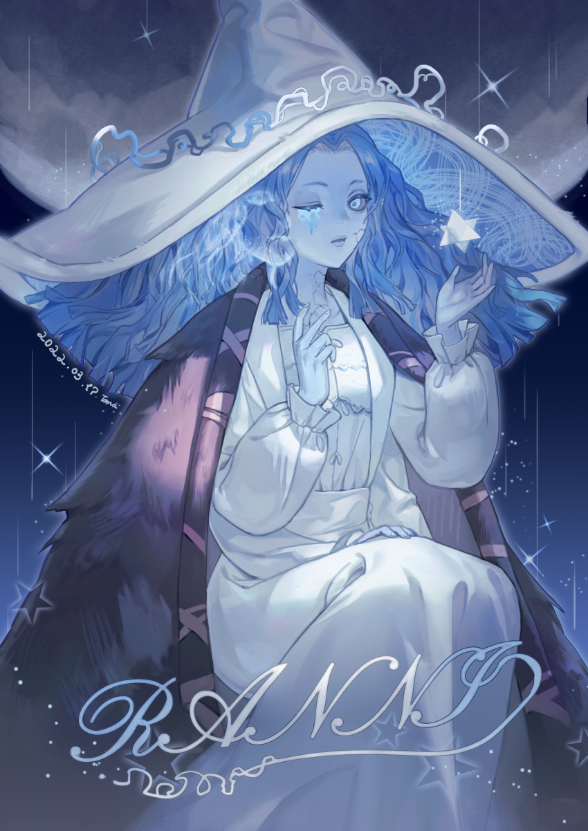 1girl, anmaki, blue_eyes, blue_hair, blue_skin, brown_cloak, character_name, cloak