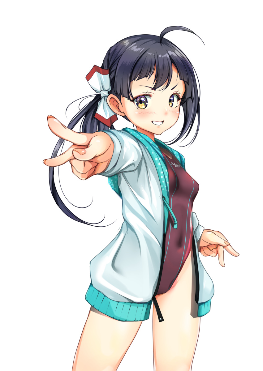 1girl, absurdres, breasts, collarbone, competition_swimsuit, cowboy_shot, fujinami_(kancolle), grey_hair, hair_between_eyes, highres, hood, hooded_jacket, jacket, kantai_collection, long_hair, long_sleeves, looking_at_viewer, one-piece_swimsuit, open_clothes, open_jacket, panties, pantyshot, purple_swimsuit, ribbon, side_ponytail, small_breasts, smile, swimsuit, underwear, white_jacket, yashin_(yasinz)