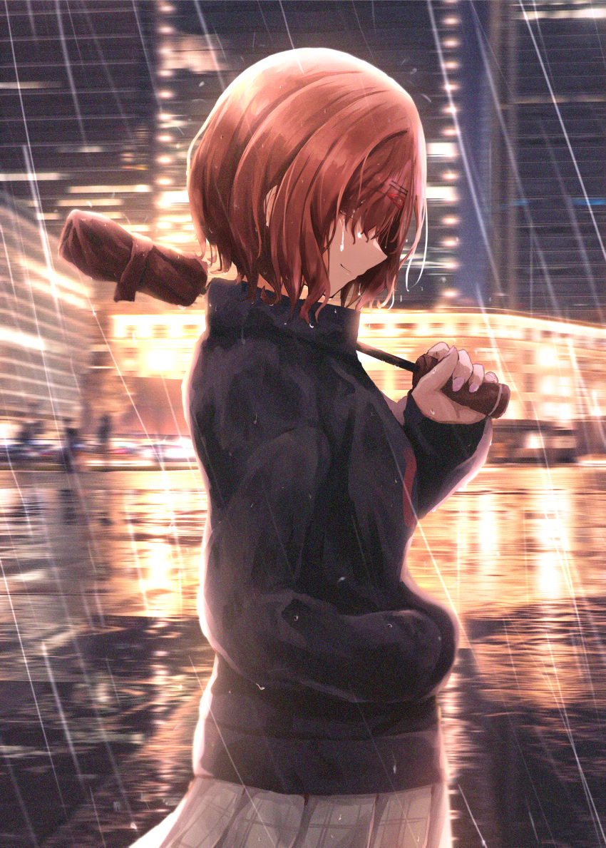 1girl, absurdres, bangs, black_sweater, brown_hair, building, city, city_lights