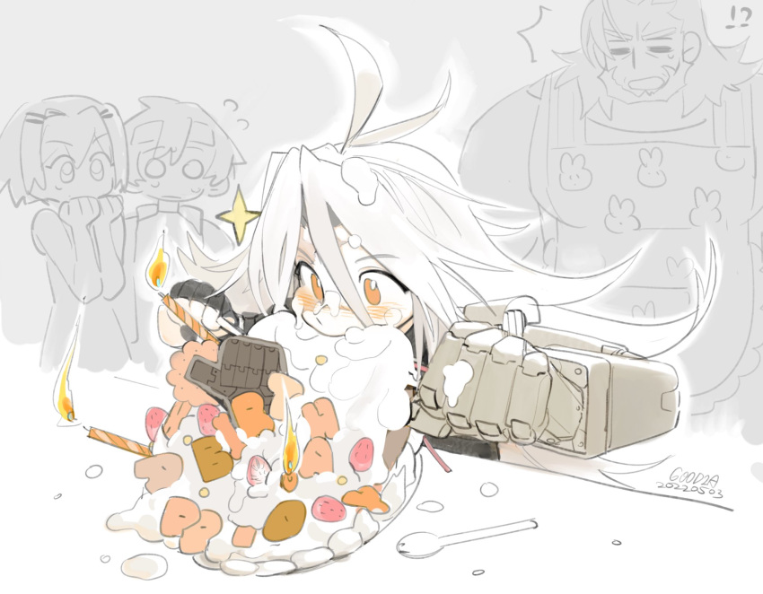 !?, 2boys, 2girls, ^^^, alchemy_stars, antenna_hair, apron, artist_name