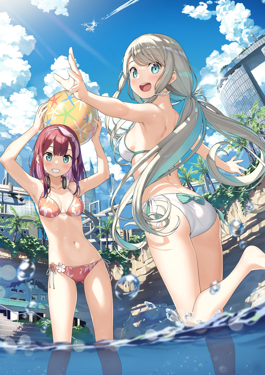2girls, :d, aqua_eyes, armpits, arms_up, ass, ass_visible_through_thighs, ball, bare_arms, bare_shoulders, beachball, bikini, blue_eyes, breasts, clouds, day, from_behind, grey_hair, grin, headphones, headphones_around_neck, highres, kamisama_no_you_na_kimi_e, kantoku, leg_up, long_hair, looking_at_viewer, looking_back, medium_breasts, multiple_girls, open_mouth, outdoors, outstretched_arms, red_bikini, redhead, side-tie_bikini, smile, sonomura_hazuki, standing, standing_on_one_leg, strap_gap, string_bikini, sunlight, swimsuit, thighs, tsukuyomi_(kamikimi), very_long_hair, wading, white_bikini