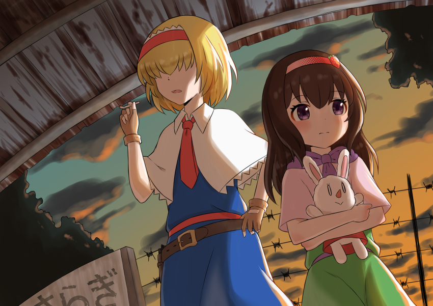 2girls, absurdres, alice_margatroid, bangs, barbed_wire, belt, blonde_hair, blue_dress