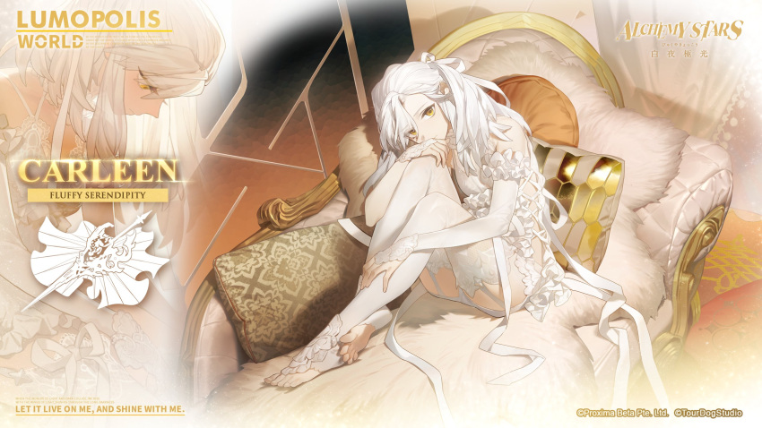 1girl, alchemy_stars, artist_request, carleen_(alchemy_stars), character_name, copyright_name, couch, elbow_gloves