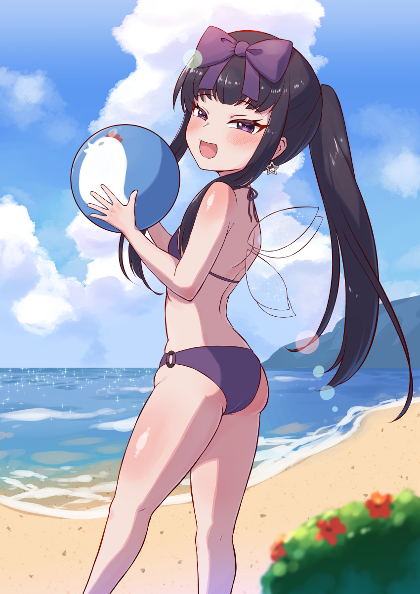 1girl, :d, absurdres, ass, back, ball, bangs, beach, beachball, bikini, black_hair, blue_sky, blush, body_blush, bow, breasts, clouds, commentary_request, cookie_(touhou), day, earrings, eyebrows_visible_through_hair, fairy_wings, feet_out_of_frame, hair_bow, highres, hime_cut, holding, holding_ball, holding_beachball, horizon, jewelry, long_hair, looking_at_viewer, o-ring, o-ring_bottom, ocean, open_mouth, outdoors, plant, ponytail, purple_bikini, purple_bow, shunga_youkyu, sidelocks, sky, small_breasts, smile, solo, sparkle, star_(symbol), star_earrings, star_sapphire, swimsuit, the_chicken_that_appears_in_the_middle_of_cookie, thighs, touhou, tsugumi_amon, violet_eyes, water, wings